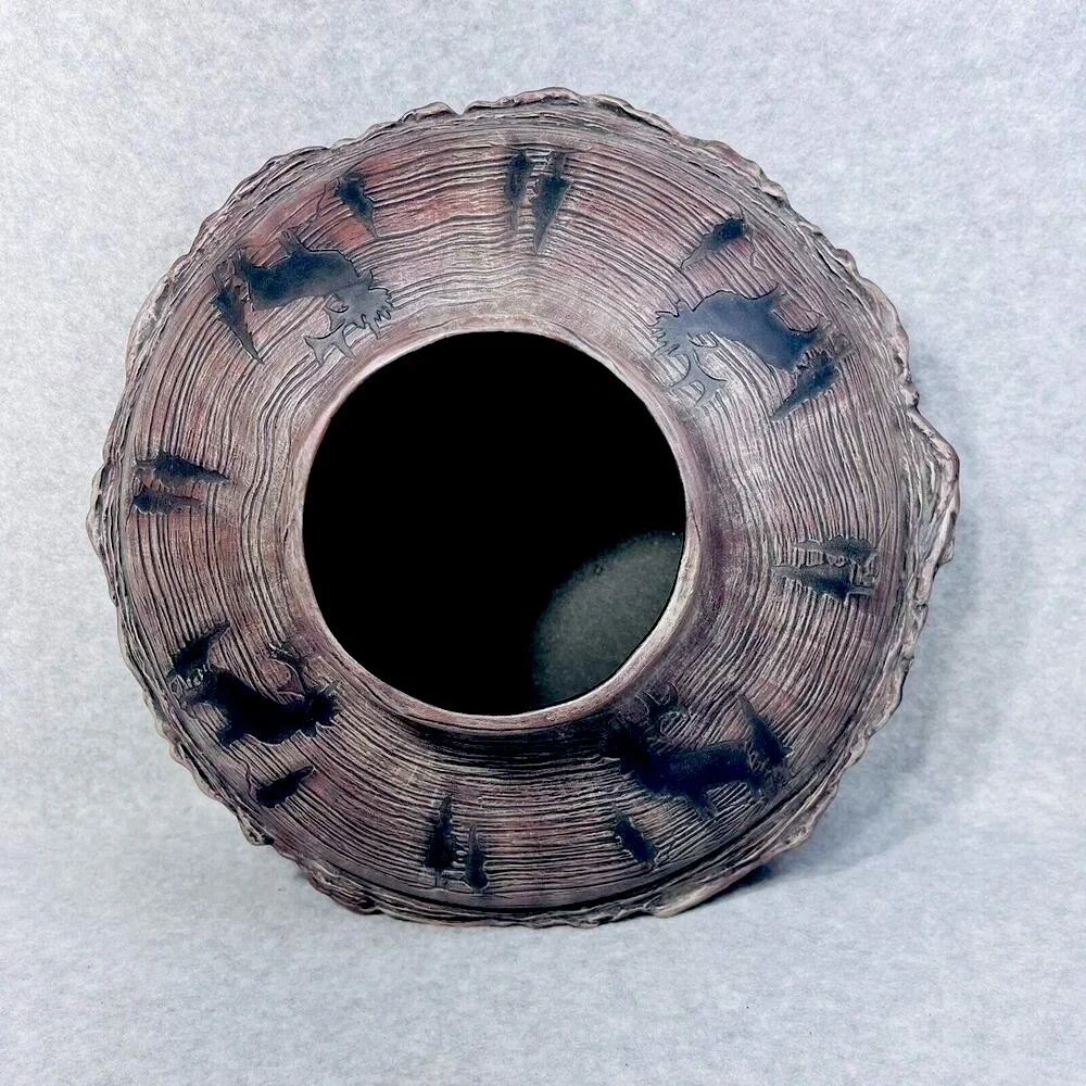 Studio Art Woodland Vase Pottery Bark Base Artist Signed‎ Cabin Elk Life Ceramic